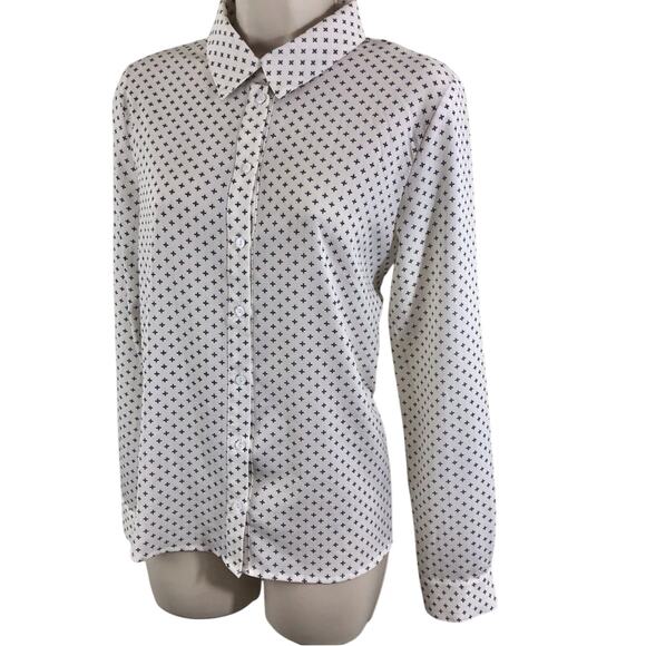 Vixbe Cream Black Print Button Front Long Sleeve Blouse Square Hem Loose Fit - Picture 3 of 16